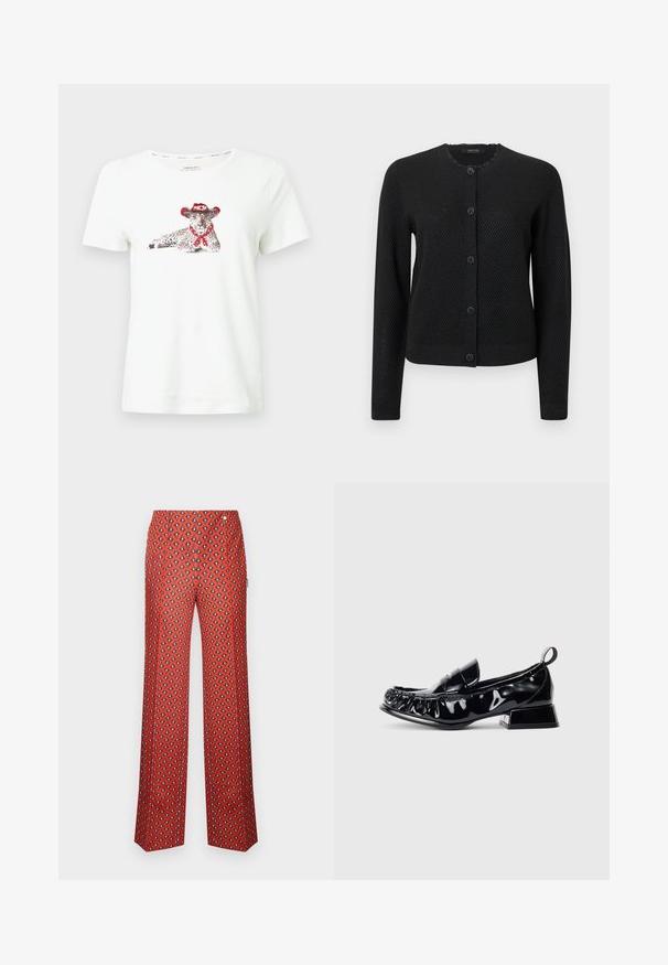 Zwarte cardigan met een gestructureerd patroon, ronde hals, lange mouwen en een knoopsluiting met decoratieve knopen in bloemvorm.; Wit katoenen t-shirt met een print van een luipaard dat een rode cowboyhoed en een halsdoek draagt. Korte mouwen en een casual pasvorm.; Rode broek met wijde pijpen, voorzien van een diamantpatroon in zwart en wit. Het materiaal oogt glad en heeft een tailleband en plooien aan de voorkant.; Zwarte patenten leren loafer met vierkante neus, gegATHERd detail, lage blokhak en een trektab aan de achterkant op een witte achtergrond.