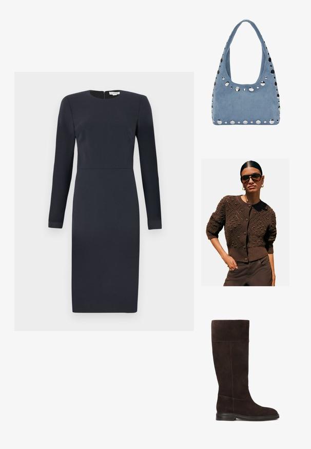 Cardigan tricotat maro cu modele texturate, decolteu rotund, mansete și tiv striate, și închidere cu nasturi, purtat cu pantaloni întunecați.; Rochie bleu marin cu mânecă lungă, decolteu rotund, siluetă ajustată și fermoar ascuns la spate. Țesătură netedă cu detalii minime.; Botă maro din suede, cu înălțime până la genunchi, talpă plată, textură moale și detalii cu cusături contrastante de-a lungul cusăturilor. Design cu panou lateral pentru ajustare.; Geantă albastră din suede cu formă rotunjită, accentuată de cuiere metalice de-a lungul marginilor și o bandă largă pentru umăr. Textură netedă.