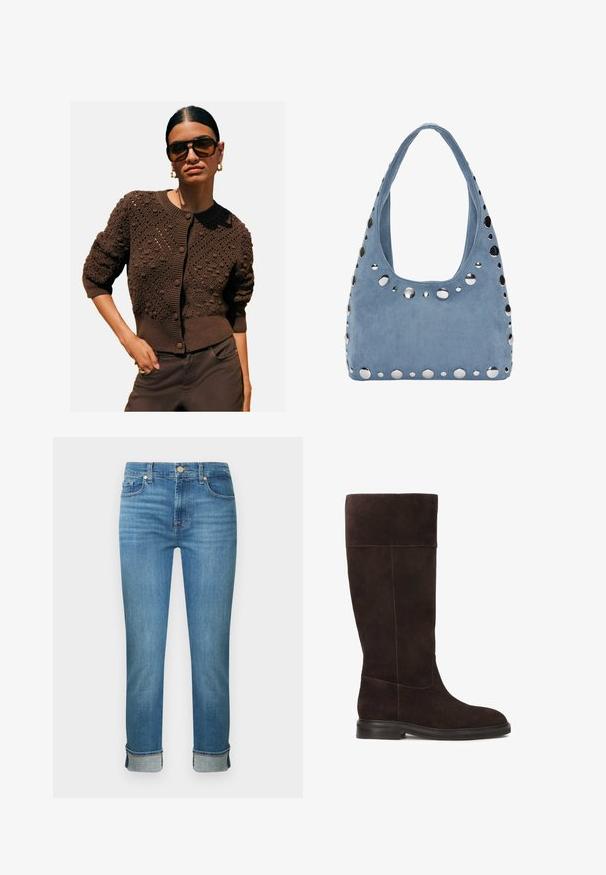 Brauner gestrickter Cardigan mit strukturierten Mustern, runder Ausschnitt, gerippten Bündchen und Saum sowie Knopfverschluss, kombiniert mit dunklen Hosen.; Weißes Langarmhemd mit Kragen, Knopfleiste, zwei Brusttaschen, geradem Saum und leicht ausgestellten Ärmeln aus glattem Stoff.; Hellblaue Jeans aus Denim mit geradem Schnitt, ausgestattet mit fünf Taschen, einem Knopfverschluss und umgeschlagenen Säumen. Glatte Textur mit dezentem Verblassen.; Braune Wildleder-Kniefallstiefel mit flacher Sohle, weicher Textur und kontrastierender Nahtdetails entlang der Nähte. Seitliche Paneelgestaltung für eine optimale Passform.; Wildlederblaues Handtäschchen mit runder Form, akzentuiert durch metallische Nieten entlang der Kanten und einen breiten Schulterriemen. Glatte Textur.