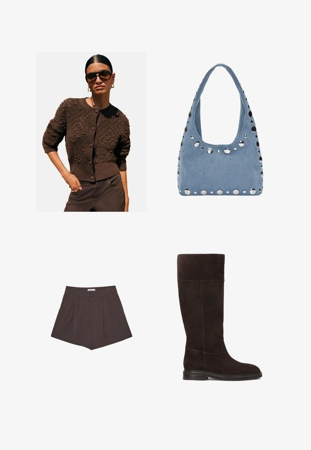 Brauner gestrickter Cardigan mit strukturierten Mustern, runder Ausschnitt, gerippten Bündchen und Saum sowie Knopfverschluss, kombiniert mit dunklen Hosen.; Weißes Langarmhemd mit Kragen, Knopfleiste, zwei Brusttaschen, geradem Saum und leicht ausgestellten Ärmeln aus glattem Stoff.; Braune, gefaltete Shorts mit vertikalen Streifen, ausgestattet mit einem flachen Taillenbund und einer taillierten Silhouette. Kurze Länge mit sauberen Nähten.; Braune Wildleder-Kniefallstiefel mit flacher Sohle, weicher Textur und kontrastierender Nahtdetails entlang der Nähte. Seitliche Paneelgestaltung für eine optimale Passform.; Wildlederblaues Handtäschchen mit runder Form, akzentuiert durch metallische Nieten entlang der Kanten und einen breiten Schulterriemen. Glatte Textur.