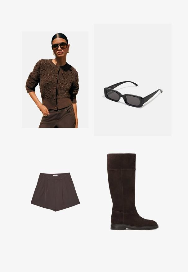Cardigan marrone a maglia con motivi testurizzati, colletto rotondo, polsini e orlo a coste, e chiusura a bottoni, abbinato a pantaloni scuri.; Camicia bianca a maniche lunghe con colletto, chiusura con bottoni, due tasche sul petto, orlo dritto e maniche leggermente svasate, realizzata in tessuto morbido.; Pantaloni corti marroni a plissettatura con righe verticali, con una vita piatta e una silhouette su misura. Lunghezza corta con cuciture pulite.; Stivale al ginocchio in suede marrone con suola piatta, texture morbida e dettagli di cucitura a contrasto lungo le cuciture. Design con pannelli laterali per una migliore vestibilità.; Occhiali da sole neri rettangolari con lenti scure, finitura lucida, aste larghe e design della montatura spessa. Nome del marchio inciso su un'asta.
