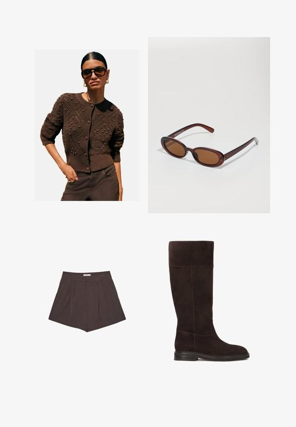 Brun strikket cardigan med teksturerede mønstre, rund halsudskæring, ribbestrikkede manchetter og kant samt knaplukning, parret med mørke bukser.; Hvid langærmet skjorte med krave, knaplukning foran, to brystlommer, lige kant og let udblæste ærmer lavet af glat stof.; Brune plisserede shorts med lodrette striber, der har en flad talje og en skræddersyet silhuet. Kort længde med rene sømme.; Brune ruskinds knælange støvler med flad sål, blød tekstur og kontraststing detalje langs sømmene. Sideskabsdesign for pasform.; Runde, bruntonede solbriller med en glansfuld bordeauxramme. Slanke arme med diskret brandingdetalje. Flad linsedesign.