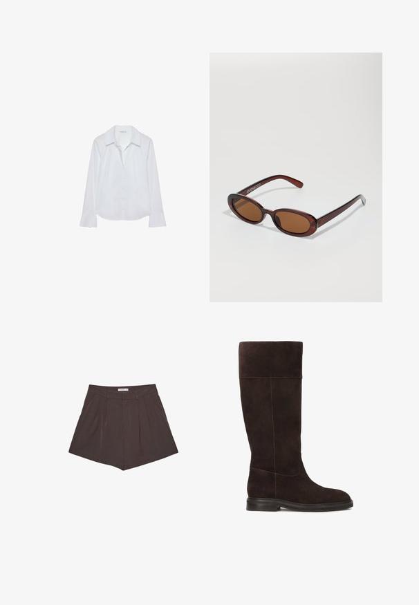 Bruine gebreide cardigan met textuurpatronen, ronde halslijn, geribbelde manchetten en zoom, en knoopsluiting, gecombineerd met donkere broeken.; Witte lange mouw blouse met een kraag, knopen aan de voorkant, twee borstzakken, rechte zoom en iets uitlopende mouwen, gemaakt van een gladde stof.; Bruine geplooide shorts met verticale streepjes, voorzien van een platte tailleband en een getailleerd silhouet. Korte lengte met schone naden.; Bruine suede kniehoge laars met een platte zool, zachte textuur en contrasterende stikt detail langs de naden. Ontwerp van de zijpanelen voor een betere pasvorm.; Ronde, bruin getinte zonnebril met een glanzend bordeauxrood frame. Slanke pootjes met subtiele merkdetails. Vlakke lensontwerp.