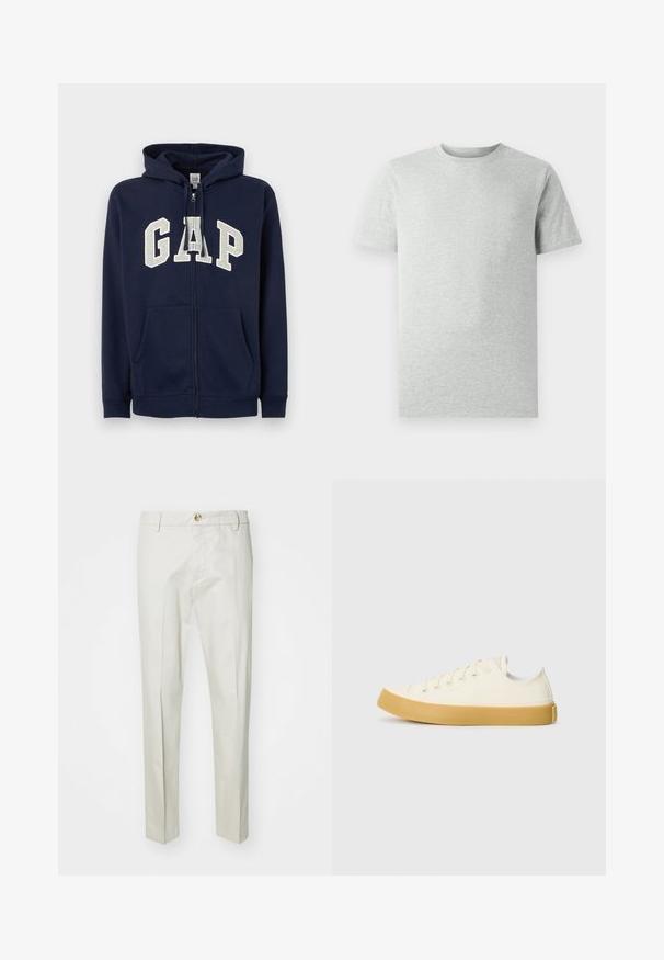 GAP HERITAGE LOGO - Lukuga pusa - tapestry navy; Ühtlane heledahall lühikeste varrukatega ümmarguse kaelusega T-särk, esiplaanil, valge tausta ees, ilma nähtavate logode või kujunditeta.; Heledadbežid püksid, valmistatud pehmest ja tekstureeritud kangast. Omavad nup closures, vöökohad ja sirgeid jalgu. Puhas, kohandatud disain.; Kangasneakerid kreemjas valges, ümmarguse varbaga, beeži kummitaldaga ja viie silmaga paelte jaoks, tekstuurse viimistlusega ülaserv.