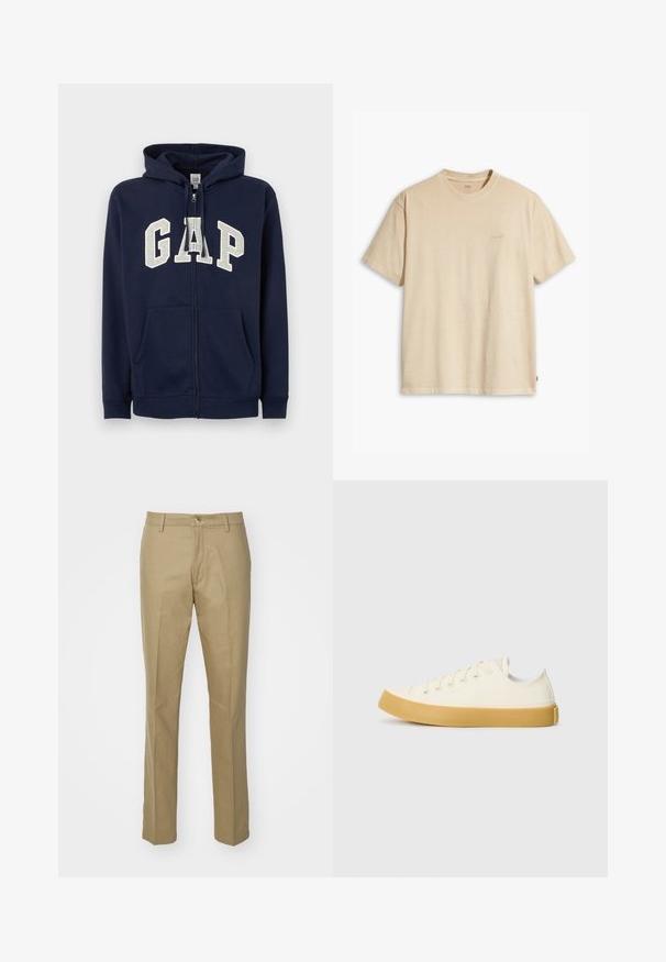 GAP - Bluza rozpinana; Beżowa bawełniana koszulka z okrągłym dekoltem i krótkimi rękawami. Ma subtelne logo "Levi's" w tym samym kolorze na piersi. Miękka w dotyku.; Khaki spodnie wykonane z mieszanki bawełny, o prostym kroju, z widocznymi kieszeniami z przodu, z zamek błyskawicznym oraz klasycznym paskiem w talii z pojedynczym guzikiem.; Płócienne sneakersy w odcieniu ecru z okrągłym noskiem, charakteryzujące się beżowymi gumowymi podeszwami i pięcioma otworami na sznurówki, z teksturowanym wykończeniem cholewy.
