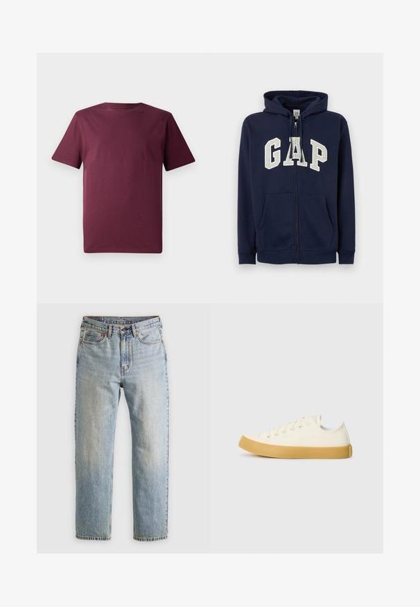GAP HERITAGE LOGO - Sweatjakke - tapestry navy; Bordoux kortermet t-skjorte, laget av glatt bomullsstoff, har en klassisk rund hals og en avslappet passform uten synlige mønstre eller aksenter.; Lys blå denim jeans med høy midje, frontknapp, glidelås og fem-lommers design, lagt flatt på en nøytral bakgrunn.; Canvas sneakers i off-white med rund tå, med beige gummisåler og fem hull for lisser, strukturert finish på overdelen.
