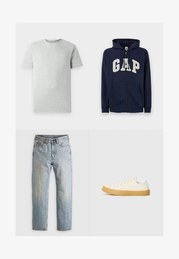 GAP HERITAGE LOGO - Mikina so zipsom - tapestry navy; Jednoduché svetlošedé tričko s krátkym rukávom a okrúhlym výstrihom, vystavené na bielom pozadí, pohľad z prednej strany bez viditeľných log a dizajnov.; Svetlomodré džínsy s vysokým pásom, predným gombíkom, zipsom a dizajnom s piatimi vreckami, rozložené na neutrálnom pozadí.; Plátne tenisky v off-white farbe s okrúhlym špičkou, s béžovými gumovými podrážkami a piatimi dierkami na šnúrky, textúrovaný povrch na hornej časti.