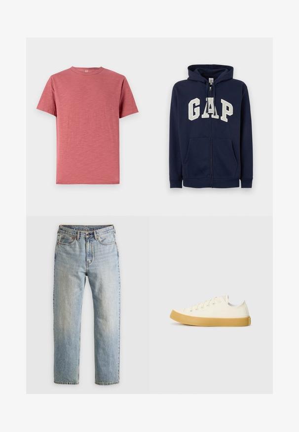 GAP HERITAGE LOGO - Sweater met rits - tapestry navy; Korte mouwen, ronde hals t-shirt in vervaagd rozenkleur, gemaakt van zachte katoenstof met een gladde textuur en een eenvoudig ontwerp.; Lichtblauwe denim jeans met hoge taille, frontknop, rits en vijfzakkenontwerp, plat gelegd op een neutrale achtergrond.; Canvas sneakers in off-white met een ronde neus, voorzien van beige rubberen zolen en vijf oogjes voor veters, met een gestructureerde afwerking op de bovenkant.