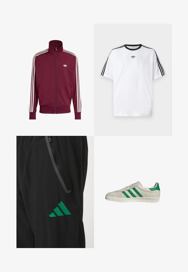Bordeauxrote Trainingsjacke mit Reißverschluss und hohem Kragen, weißen Streifen entlang der Ärmel und kleinem weißen Logo auf der Brust. Glatte Stofftextur.; Weißes T-Shirt aus Baumwolle mit einem schwarzen, runden Halsausschnitt und drei schwarzen Streifen auf jeder Schulter. Kleines schwarzes Logo auf der Brust.; Schwarze Sporthosen aus glattem Stoff, verziert mit einem grünen Adidas-Logo und einer Reißverschlusstasche mit kontrastierendem Besatz.; Beige Sneaker mit grünen Streifen, ausgestattet mit einer weißen Sohle und einem Obermaterial aus glattem Leder. Seitenansicht, die die Schnürdetails und das Logo hervorhebt.