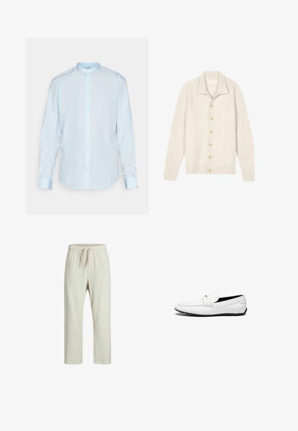 Šviesiai smėlinis kardiganas, pagamintas iš raižytos tekstūros, su apykakle, turi septynias smėlines mygtukus priekyje ir ilgomis rankovėmis.; Šviesiai mėlynas ilgomis rankovėmis marškinys, pagamintas iš medvilnės, su juostine apykakle ir priekyje užsegamu mygtuku. Lygus paviršius su standartinėmis rankogaliais.; Ribotu grietinėlės spalvos kelnės su elastinga juosta ir raišteliu, pasižyminčios laisvu siluetu ir tiesiomis kojomis.; Balti odiniai loafersai su lygiu paviršiumi, siuvinėtu akcentu, apvaliu pirštu ir juodu gumininiu padu, užtikrinančiu sukibimą.