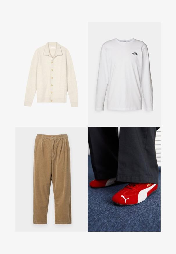 Cardigan beige claro de textura acanalada con cuello tipo solapa, que presenta siete botones beige en la parte delantera y mangas largas.; Camiseta de manga larga blanca de algodón con cuello redondo. Presenta un pequeño logotipo negro en el pecho. Textura suave, corte regular.; Pantalones de pana en un color marrón claro con un patrón de costillas texturizado, que cuentan con un cierre de botón y un ajuste relajado.; Zapatillas de ante rojas con acentos blancos, que cuentan con material texturizado, punta redonda y un logo dorado en el lateral, combinadas con pantalones negros.