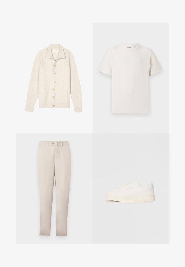 Lichtbeige cardigan van ribbeltextuur met een kraag, voorzien van zeven beige knopen aan de voorkant en lange mouwen.; Witte korte mouwen T-shirt met ribbelstructuur. Ronde hals, ontspannen pasvorm, geen zichtbare patronen of accenten. Eenvoudig en veelzijdig ontwerp.; Beige lichte taps toelopende broeken met een elastische tailleband, een vlakke voorkant en minimale kreukels. Voorzien van riemlussen en zijzakken.; Witte instap sneakers met een gestructureerd oppervlak, een dikke zool en een minimalistisch ontwerp. Bevat het merklogo aan de zijkant.