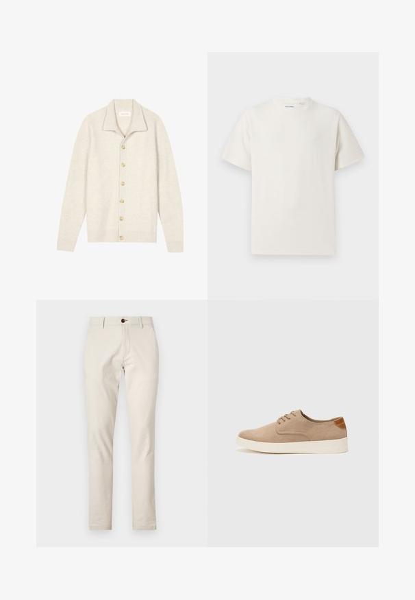 Light beige cardigan made of ribbed texture with a collared neck, featuring seven beige buttons down the front and long sleeves.; White short-sleeve T-shirt in a ribbed texture. Round neckline, relaxed fit, no visible patterns or accents. Simple and versatile design.; Beige cotton trousers with a slim fit, front pockets, and a single brown button closure at the waist. Smooth texture.; Beige suede sneakers with a rounded toe, lace-up front, and a textured back accent. White rubber sole provides contrast. Simple and modern design.