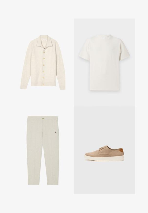 Light beige cardigan made of ribbed texture with a collared neck, featuring seven beige buttons down the front and long sleeves.; White short-sleeve T-shirt in a ribbed texture. Round neckline, relaxed fit, no visible patterns or accents. Simple and versatile design.; Light beige tailored trousers with subtle texture, featuring a button closure and an embroidered dark emblem near the pocket.; Beige suede sneakers with a rounded toe, lace-up front, and a textured back accent. White rubber sole provides contrast. Simple and modern design.