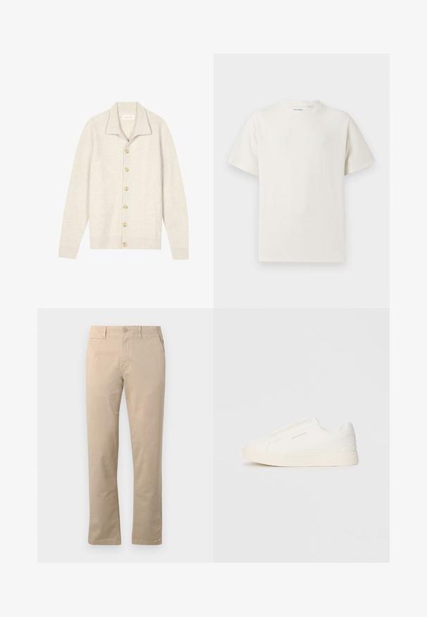 Cardigan color beige chiaro in tessuto a coste con colletto, caratterizzato da sette bottoni beige sul davanti e maniche lunghe.; T-shirt bianca a maniche corte in texture a coste. Girocollo, vestibilità rilassata, senza modelli o accenti visibili. Design semplice e versatile.; Chinos beige in cotone, con design a gamba dritta, chiusura tradizionale con bottone e tasche laterali con cuciture pulite.; Sneakers bianchi slip-on con superficie texturizzata, suola spessa e design minimalista. Presentano il logo del marchio sul lato.