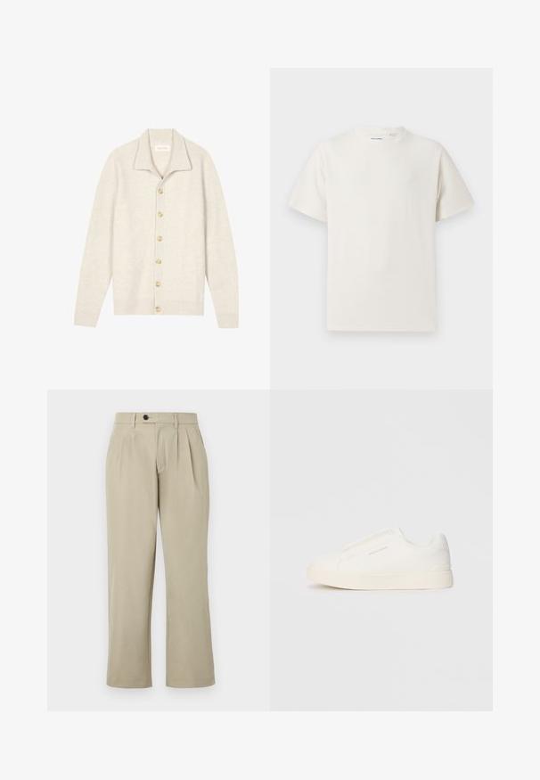 Light beige cardigan made of ribbed texture with a collared neck, featuring seven beige buttons down the front and long sleeves.; White short-sleeve T-shirt in a ribbed texture. Round neckline, relaxed fit, no visible patterns or accents. Simple and versatile design.; Beige trousers with a relaxed fit, featuring pleats, a button closure, side pockets, and straight legs. Smooth fabric texture.; White slip-on sneakers with a textured surface, a thick sole, and minimalistic design. Features brand logo on the side.