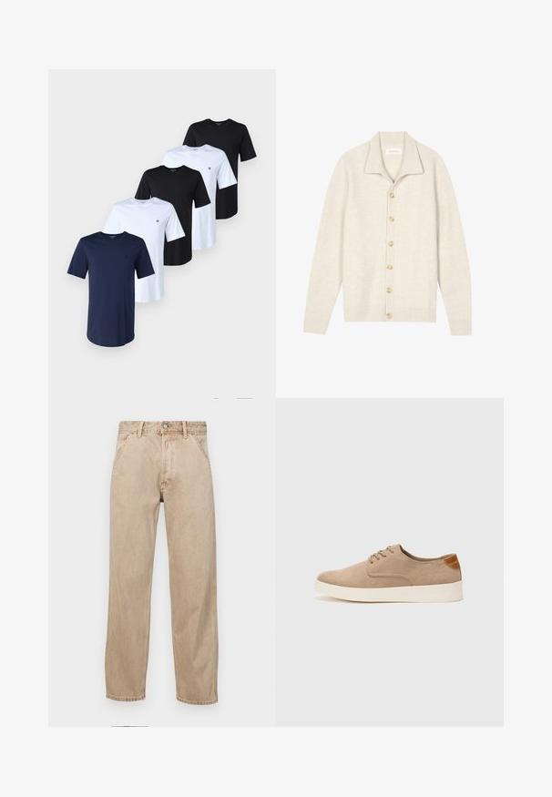 Light beige cardigan made of ribbed texture with a collared neck, featuring seven beige buttons down the front and long sleeves.; Five T-shirts in navy, black, and white cotton. Each has a crew neck and short sleeves. A small logo appears on the left chest of each.; Beige denim jeans with a straight leg design, featuring front pockets, a metal button closure, and subtle texture.; Beige suede sneakers with a rounded toe, lace-up front, and a textured back accent. White rubber sole provides contrast. Simple and modern design.