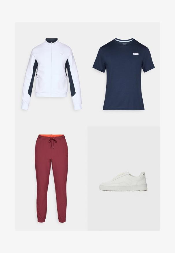 Witte sweatshirt met een hoge kraag, voorrits en marineblauwe zijpanelen. Bevat ritszakken en ribgebreide manchetten voor textuur.; Donkerblauwe T-shirt met korte mouwen van gladde stof, met een ronde halslijn en een klein wit label op de borst met merktekst.; Bordeaux joggerbroeken met elastische tailleband en trekkoord, aansluitende boorden en subtiele branding op het linkerbeen. Zachte stoftextuur.; Witte leren sneaker met een gladde afwerking, ronde neus, platte veters en een gestructureerde zool. Kenmerkt zich door een subtiel logo op de hiel.