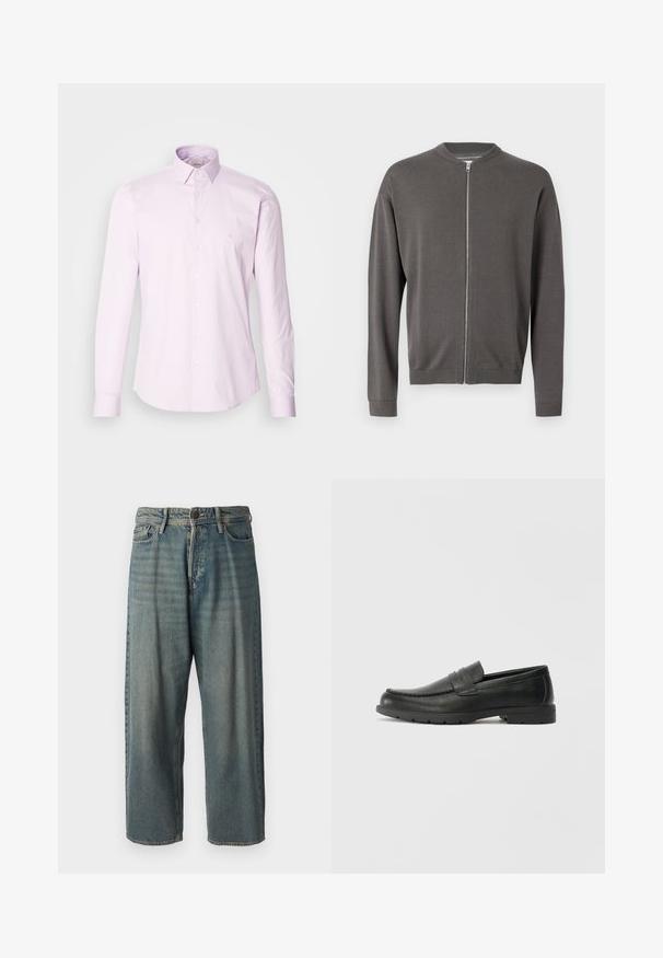 Szürke kötött cipzáras pulóver, kerek nyakkal, bordázott ujjak és alsó szegély. Finom textúrával és elülső cipzáras záródással rendelkezik.; Világos rózsaszín, hosszú ujjú, gombos ing, pamutból készült, klasszikus gallérral, elöl gombos záródással és egy kis logóval a mellkasán.; Világoskék farmernadrág, laza fazonnal, közepes derékbőséggel és egyenes szárral. Öt zsebet, övbucskát és gombos záródást tartalmaz.; Fekete bőr mokaszinok sima felülettel, a mokaszin stílusú felsőrésszel, varrott részletezéssel és gumitalppal. Klasszikus dizájn alacsony sarokkal.