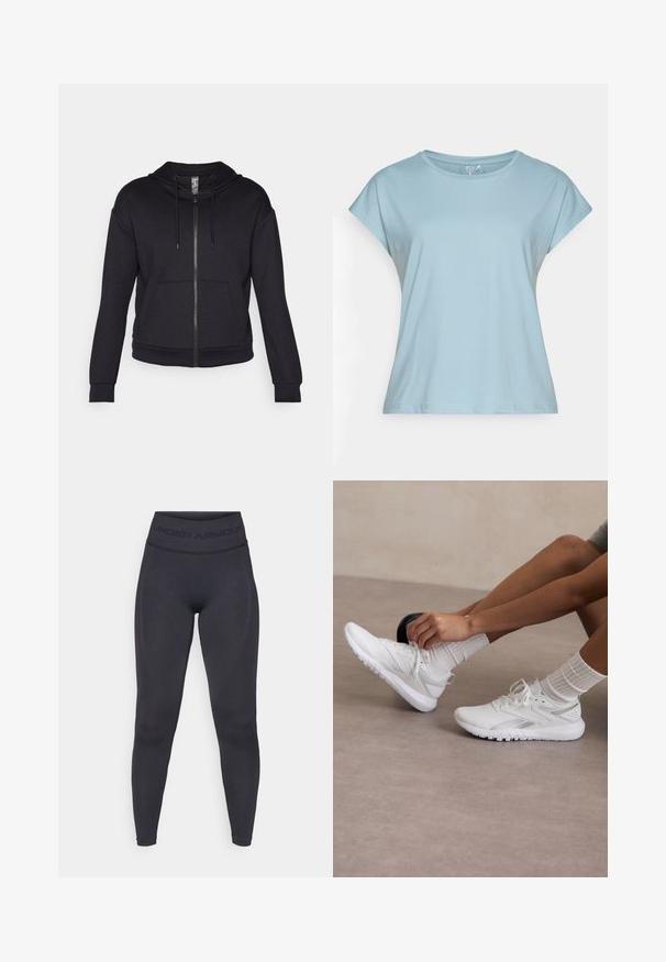 Juodas užtrauktukas hoodie, pagamintas iš minkštos medžiagos, su išklota kapuce, raiščiu, priekinėmis kišenėmis ir gumbelinėmis rankovėmis bei apatine dalimi.; Šviesiai mėlynas trumpomis rankovėmis marškinėliai, pagaminti iš minkštos medžiagos. Turi apvalų iškirpimą, laisvą siluetą ir užsiūtas kraštus. Nėra raštų ar puošmenų.; Juodos leggingai su aukštu elastiniu juosmeniu, kuriame yra tekstas "UNDER ARMOUR". Lygus paviršius su subtiliais raštų akcentais palei kojas.; Balti sportiniai batai su tekstūruotu viršumi, su apvaliu pirštu ir raštuotu padu. Su baltais banguotais kojiniais, dėvimi ant lygios paviršiaus.