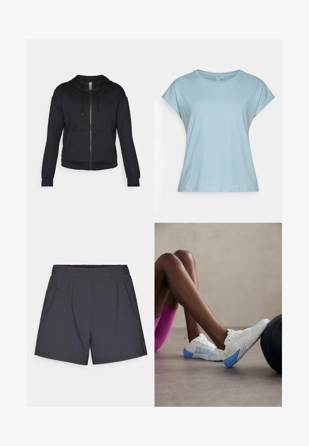 Musta vetoketjupusakka, joka on valmistettu pehmeästä kankaasta. Siinä on vuorattu huppu, kiristysnauha, etutaskut sekä ribbireunat hihansuissa ja helmassa.; Vaaleansininen lyhythihainen t-paita, joka on valmistettu pehmeästä kankaasta. Ominaisuuksiin kuuluu pyöreä pääntie, rento malli ja ommellut reunat. Ei kuvioita tai koristeluja.; Mustat urheilusortsit, jotka on valmistettu kevyestä, joustavasta kankaasta. Sisältää joustavyöhön ja yksinkertaisen, koristelemattoman muotoilun.; Valkoiset urheilukengät, joissa on verkkosuunnittelu vihreillä yksityiskohdilla ja sinisellä pohjalla, korostavat teksturoitua kuviota sivussa.