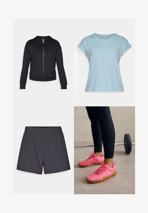 Fekete cipzáras kapucnis pulóver, puha anyagból készült, bélelt kapucnival, zsinórral, elülső zsebekkel és bordázott mandzsettával, valamint aljúval.; Világoskék, rövid ujjú póló, puha anyagból készült. Kerek nyakkivágással, laza szabással és varrott szegélyekkel rendelkezik. Minták vagy díszítések nélkül.; Fekete sportos rövidnadrág könnyű, rugalmas anyagból. Rugalmas derékkal és egyszerű, díszítés nélküli dizájnnal rendelkezik.; Rózsaszín sportcipők texturált hálós felsőrésszel, megerősített orral és gumitalppal, fekete, testhez simuló leggingsszel párosítva.
