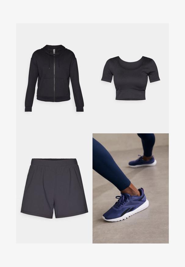 Melnas rāvējslēdzēja jaka, izgatavota no mīkstas auduma, aprīkota ar oderētu kapuci, regulējamu auklu, priekšējām kabatām un ribotām piedurknēm un apakšmalu.; Melnas ribotas īsās piedurknes apgrieztais tops ar plašu apaļu dekoltē un pieguļošu joslu apakšā. Maiga tekstūra, ikdienišķs dizains.; Melnas sporta šortus, kas izgatavoti no viegla, elastīga auduma. Satur elastīgu jostu un vienkāršu, bez rotājumiem dizainu.; Violet sporta apavi ar acs struktūru augšdaļu, melniem akcentiem un baltu zoli. Tuvplāns, kurā redzamas auklas un teksturēti dizaina elementi.