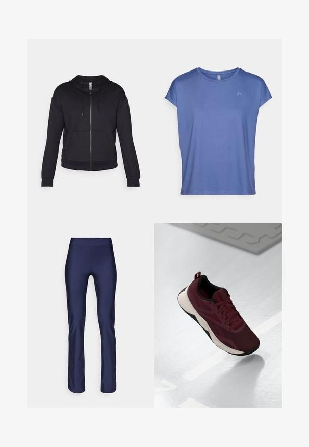 Μαύρο φούτερ με φερμουάρ φτιαγμένο από μαλακό ύφασμα, διαθέτοντας επενδυμένη κουκούλα, κορδόνια, μπροστινές τσέπες και ριμπ μανσέτες και στρίφωμα.; T-shirt κοντομάνικο, με στρογγυλή λαιμόκοψη σε ανοιχτό μπλε χρώμα, φτιαγμένο από απαλό ύφασμα. Διαθέτει ένα διακριτικό λογότυπο στο στήθος και έχει χαλαρή, φαρδιά εφαρμογή.; ONLY Play ONPNINNA-1 JAZZ TRAIN - Κολάν - maritime blue; Μπορντό αθλητικό παπούτσι με δικτυωτό πάνω μέρος, μαύρες λεπτομέρειες και λευκή αφρώδη σόλα. Διαθέτει κλείσιμο με κορδόνια και λαβή στο τακούνι.