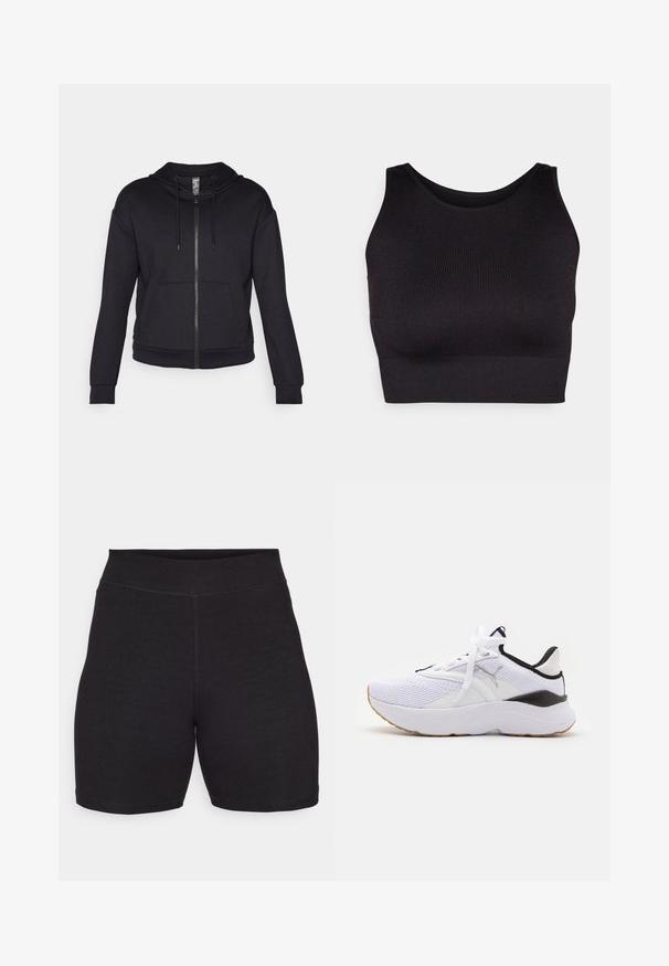 Melnas rāvējslēdzēja jaka, izgatavota no mīkstas auduma, aprīkota ar oderētu kapuci, regulējamu auklu, priekšējām kabatām un ribotām piedurknēm un apakšmalu.; Melnā ribota īsā topa ar augstu kakla izgriezumu un plašām rokām, kas izgatavota no mīksta, elastīga auduma komfortam un bezšuvju dizaina.; Melni riteņbraukšanas šorti ar augstu jostasvietu, izgatavoti no elastīga, mīksta auduma. Iezīmē plakanas šuves un gludu tekstūru komfortam.; Baltas sporta apavu modelis ar acu sietu augšdaļu, melnām akcentiem un biezu gumijas zoli. Aprīkoti ar tradicionālām šņorēm un teksturētām zonām atbalstam.