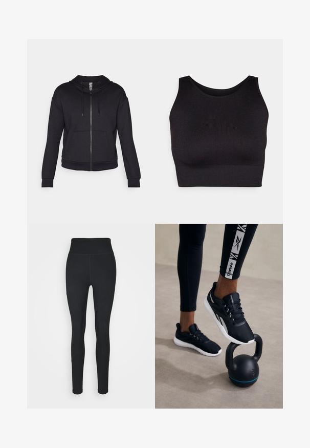 Sort zip-up hættetrøje lavet af blødt stof, med foret hætte, snoretræk, forlommer og ribbede manchetter og kant.; Sort ribbet crop top med høj halsudskæring og brede armhuller, fremstillet i et blødt, strækbart stof for komfort og et sømløst design.; Sorte leggings lavet af strækbart stof, med høj talje, ribbede paneler på siderne og et tætsiddende design, der tapers ved anklerne.; Svarte atletiske sko med en tekstureret overdel, hvid sål og grå accenter, placeret på en sort kettlebell med en blå stribe, mod en neutral baggrund.