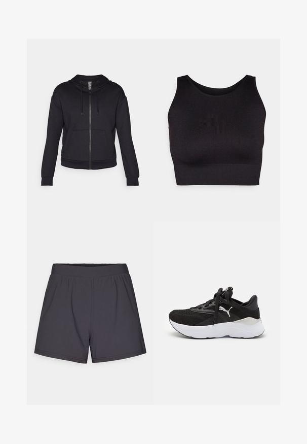 Black zip-up hoodie made of soft fabric, featuring a lined hood, drawstring, front pockets, and ribbed cuffs and hem.; Black ribbed crop top with a high neckline and wide armholes, featuring a soft, stretchy fabric for comfort and a seamless design.; Black athletic shorts made of lightweight, stretchy fabric. Features an elastic waistband and a simple, unembellished design.; Black athletic sneaker with mesh upper, white midsole, round toe, and lace-up design. Features prominent logo on the side and textured accents.