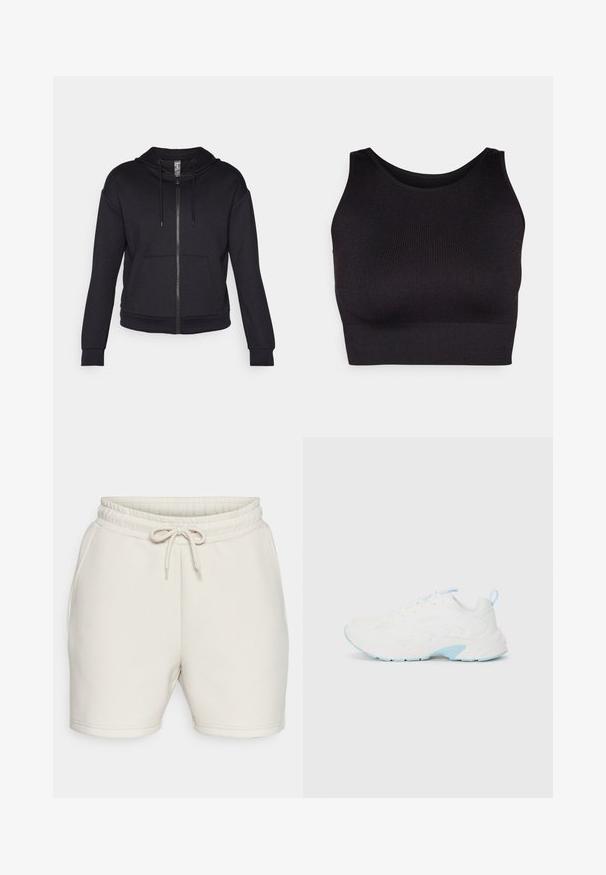 Črna zip-up kapuca izdelana iz mehkega blaga, z obloženim kapuco, vrvico, sprednjimi žepi ter rebrastimi manšetami in robom.; Črn rebrast kroj s kratkimi rokavi in širokimi izrezi za roke, izdelan iz mehke in raztegljive tkanine za udobje ter brezšivne zasnove.; ONLY Play ONPLOUNGE LIFE - Športne kratke hlače - pumice stone; Bela športna čevlja z mrežasto teksturo in svetlo modrimi poudarki. Ima okroglo konico, ravne vezalke in oblazinjen ovratnik za gleženj.