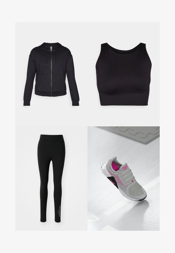 Melnas rāvējslēdzēja jaka, izgatavota no mīkstas auduma, aprīkota ar oderētu kapuci, regulējamu auklu, priekšējām kabatām un ribotām piedurknēm un apakšmalu.; Melnā ribota īsā topa ar augstu kakla izgriezumu un plašām rokām, kas izgatavota no mīksta, elastīga auduma komfortam un bezšuvju dizaina.; Melnas leginga no elastīgas auduma. Augsta jostasvieta ar gludu tekstūru. Apakšējā kājas daļā uzraksts "ATHELEISURE" baltā krāsā.; Pelēki un rozā Reebok sporta kedas ar sieta augšdaļu un detalizētu zoli, novietotas uz atstarojošas baltas virsmas.
