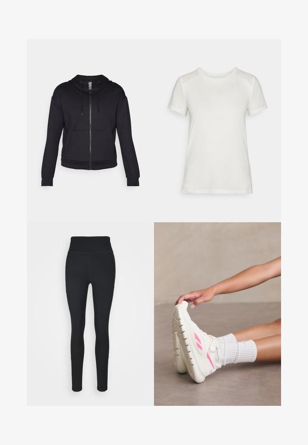 Black zip-up hoodie made of soft fabric, featuring a lined hood, drawstring, front pockets, and ribbed cuffs and hem.; White short-sleeve t-shirt made of soft fabric, featuring a round neckline and a relaxed fit with smooth, seamless shoulder accents.; Black leggings made of stretchy fabric, featuring a high waistband, ribbed panels on the sides, and a fitted design tapering at the ankles.; White athletic shoes with a textured sole and pink accents, paired with white crew socks. A hand is gently touching the shoe's toe.