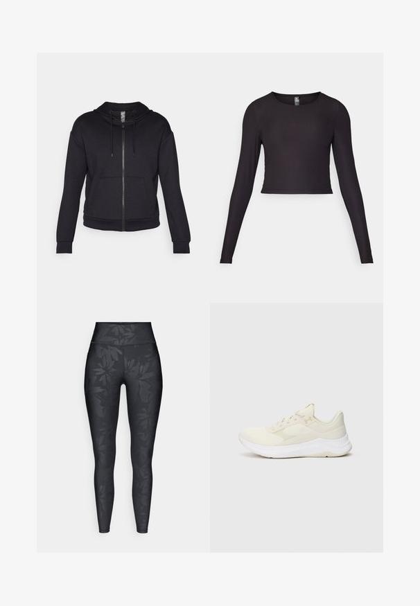 Černá mikina se zipem vyrobená z měkké tkaniny, s podšívkou na kapuci, šňůrkou, předními kapsami a žebrovanými manžetami a lemem.; Černý krátký top s dlouhým rukávem vyrobený z proužkované tkaniny. Má kulatý výstřih a přiléhavý střih s texturovaným povrchem.; Černé legíny s tónovým květinovým vzorem, vysokým pasem a přiléhavým střihem, vyrobené z pružné látky vhodné pro aktivní nošení.; Světlé sportovní boty vyrobené z polyesterové síťoviny a syntetických materiálů, vybavené texturovaným svrškem, polstrovanou podrážkou a decentním logem.