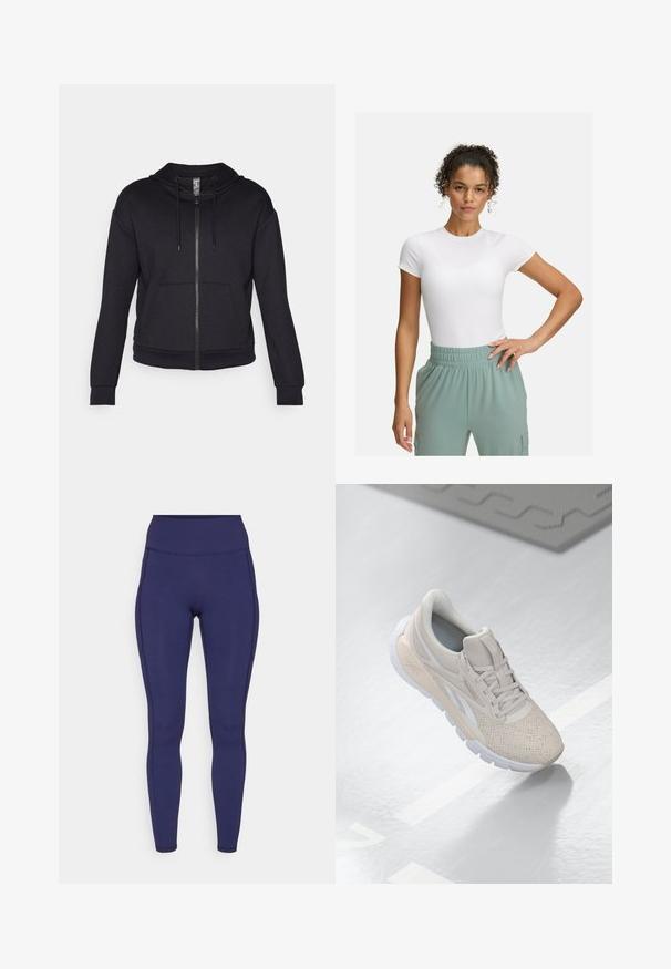 Felpa nera con zip, realizzata in tessuto morbido, dotata di cappuccio foderato, cordino, tasche frontali e polsini e orlo a costine.; T-shirt bianca aderente con maniche corte, abbinata a pantaloni con elastico in vita di colore verde chiaro. Texture liscia, design minimalista e nessun motivo visibile.; Leggings a vita alta navy realizzati in tessuto elasticizzato. Presentano cuciture piatte e una vestibilità aderente, con due tasche laterali per riporre gli oggetti.; Scarpa atletica di un beige chiaro con tomaia perforata, accenti testurizzati, collo imbottito e suola in gomma bianca, progettata per comfort e traspirabilità.