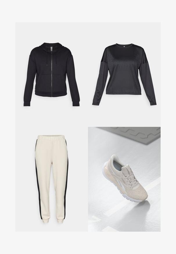 Čierna mikina na zips vyrobená z mäkkej tkaniny, so zateplenou kapucňou, sťahovacou šnúrkou, prednými vreckami a rebrovanými manžetami a spodným okrajom.; Čierny top s dlhým rukávom vyrobený z hladkej, ľahkej textílie. Má okrúhly výstrih a voľný strih. Žiadne viditeľné vzory ani logá.; Béžové tepláky s čiernymi bočnými pruhmi, elastický pás a zúžené členky. Vyrobené z mäkkého a pružného materiálu, vybavené bočnými vreckami.; Svetlo béžová atletická obuv s perforovaným zvrškom, textúrovanými akcentmi, polstrovaným golierom a bielou gumovou podrážkou, navrhnutá pre pohodlie a priedušnosť.