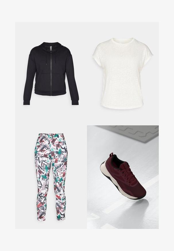 Mustaline tõmblukkudega sviiter, mis on valmistatud pehmest kangast, varustatud voodriga kapuutsiga, reguleeritava nööriga, esi-taskutega ning soonikkoes mansettide ja äärega.; Valge lühikeste varrukatega t-särk, millel on tekstureeritud lillemuster, ümmargune kaelus ja lõdvestunud lõige. Valmistatud pehmest ja kergest kangast.; Tihedalt külge istuvad retuusid, millel on värvikas abstraktne muster punases, rohelises ja mustas valgel taustal. Valmistatud venivast materjalist.; Bordoo spordijalanõud, millel on võrgust pealispind, mustad aktsendid ja pehme valge tald. Omab soonkinnitust ja kandmist hõlbustavat konksu kontsapooles.