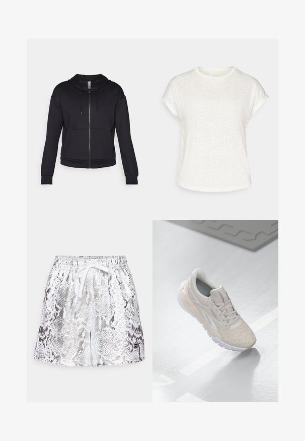 Sweatshirt com fecho éclair preto feito de tecido macio, com capuz forrado, cordão, bolsos frontais e punhos e bainha em ribana.; T-shirt branco de mangas curtas com um padrão floral texturizado, decote redondo e corte descontraído. Feito de um tecido leve e suave.; Calções metálicos prateados com um padrão de pele de cobra branca e prateada, apresentando uma cintura elástica e um cordão branco.; Shoe desportivo beige claro com parte superior perfurada, detalhes texturizados, colarinho acolchoado e sola de borracha branca, projetado para conforto e respirabilidade.