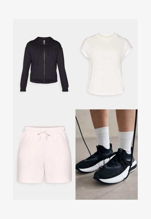 Mustaline tõmblukkudega sviiter, mis on valmistatud pehmest kangast, varustatud voodriga kapuutsiga, reguleeritava nööriga, esi-taskutega ning soonikkoes mansettide ja äärega.; Valge lühikeste varrukatega t-särk, millel on tekstureeritud lillemuster, ümmargune kaelus ja lõdvestunud lõige. Valmistatud pehmest ja kergest kangast.; Heledad roosa puuvillane lühike püksid elastse vöökoha ja reguleeritava paelaga. Omab lihtsat disaini ja sirget sääreääret.; Mustad mustad jalanõud tekstuuritud kangast, valge tallaga ja mustade paeltega. Kanna valgete soonikkudega sokkide sisse, seistes helesinisel pinnal.