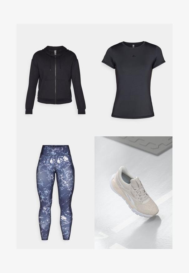 Juodas užtrauktukas hoodie, pagamintas iš minkštos medžiagos, su išklota kapuce, raiščiu, priekinėmis kišenėmis ir gumbelinėmis rankovėmis bei apatine dalimi.; Juodas trumpomis rankovėmis marškinėliai, pagaminti iš lygaus, kvėpuojančio audinio, su minimalistiniu logotipu priekyje. Klasikinis apvalus kaklo iškirpimas.; Tamsiai mėlyni aktyvūs legginai su marmuro raštu baltos ir šviesiai mėlynos spalvų deriniu, aukštu juosmens dizainu, pagaminti iš tamprios, drėgmę šalinančios medžiagos.; Šviesiai smėliniai sportiniai batai su perforuotu viršumi, tekstūruotomis detalėmis, paminkštintu apvadu ir balta guma, sukurti komfortui ir kvėpuojamumui.