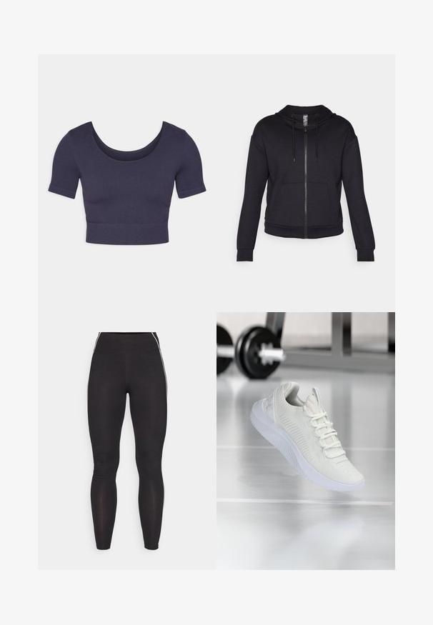 Črna zip-up kapuca izdelana iz mehkega blaga, z obloženim kapuco, vrvico, sprednjimi žepi ter rebrastimi manšetami in robom.; Mornarska kratka majica s kratkimi rokavi, izdelana iz rebraste tkanine. Ima okrogel izrez in prilegan kroj.; Črne legice iz raztegljivega materiala z visokim pasom. Imajo bele stranske črte in gladko teksturo po vsej dolžini.; Bela športna teniska z mrežastim zgornjim delom z teksturo in sistemom vezalk, ki ima oblazinjen beli podplat in subtilne rebraste detajle.
