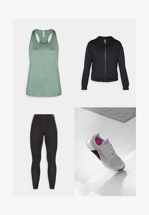 Sudadera con cremallera negra, fabricada en tejido suave, que cuenta con una capucha forrada, cordones, bolsillos frontales y puños y dobladillo de canalé.; ONLY Play ONPCORE LIFE ON - Top - duck green; Leggings negros hechos de material elástico con una cintura alta. Presentan franjas laterales blancas y una textura suave en toda su superficie.; Zapatilla deportiva Reebok en gris y rosa con parte superior de malla y suela detallada, exhibida sobre una superficie blanca reflexiva.