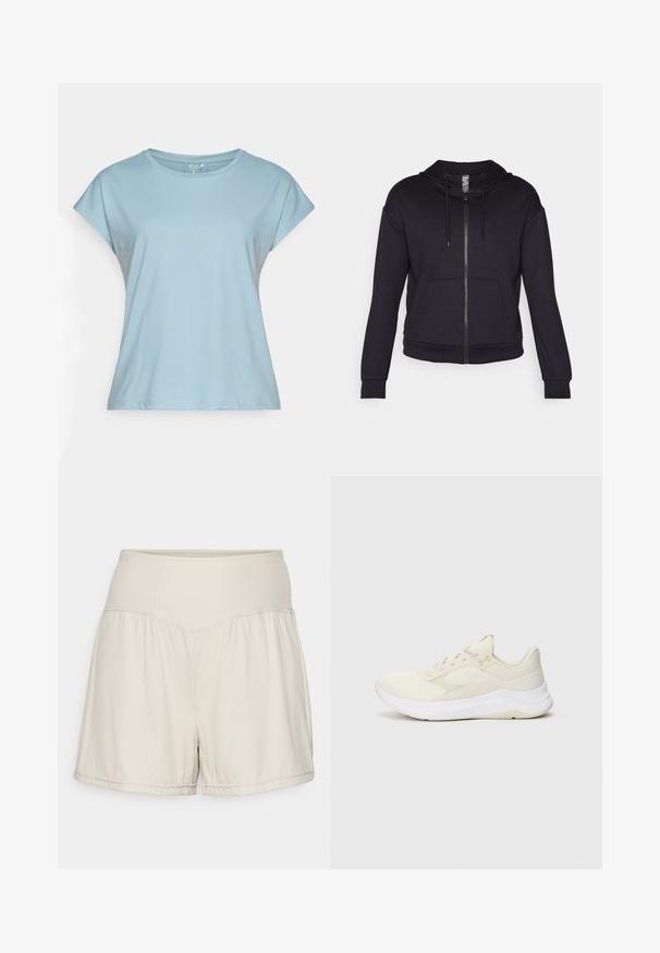 Musta vetoketjupusakka, joka on valmistettu pehmeästä kankaasta. Siinä on vuorattu huppu, kiristysnauha, etutaskut sekä ribbireunat hihansuissa ja helmassa.; Vaaleansininen lyhythihainen t-paita, joka on valmistettu pehmeästä kankaasta. Ominaisuuksiin kuuluu pyöreä pääntie, rento malli ja ommellut reunat. Ei kuvioita tai koristeluja.; Vaaleanbeiget shortsit, joissa on teksturoidut ribbivyötärö, virtaava muotoilu ja rento istuvuus. Varustettu neulottu lahkeiden reunoilla ja sivuaukkoilla joustavuuden lisäämiseksi.; Valkoiset urheilukengät, jotka on valmistettu verkkokankaasta ja synteettisistä materiaaleista. Niissä on teksturoitu päällinen, pehmustettu pohja ja hillitty brändäys.