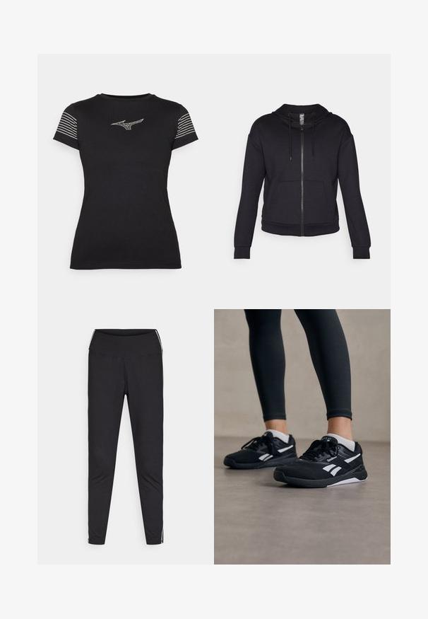 Sweatshirt com fecho éclair preto feito de tecido macio, com capuz forrado, cordão, bolsos frontais e punhos e bainha em ribana.; T-shirt preta com mangas curtas, apresentando riscas horizontais brancas nas mangas e um logótipo branco no peito. Textura de tecido suave.; Leggings pretos feitos de tecido elástico. Cintura alta, ajuste justo, com riscas brancas nas costuras exteriores. Textura suave.; Sapatilhas desportivas negras com um cabedal em malha texturizada, detalhes brancos e uma sola almofadada. Usadas com leggings negras, destacando um design elegante.