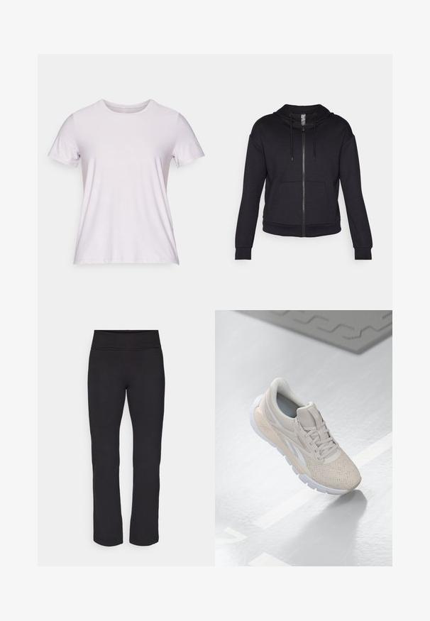 Svart zip-up hettegenser laget av myk stoff, med foret hette, snor, frontlommer og ribbestrikkede mansjetter og nederkant.; Kortermet, rundhalset t-skjorte laget av lys lilla stoff med en glatt tekstur og minimale sømmer, egnet for hverdagsbruk.; Sorte leggings laget av et glatt, elastisk stoff med bred midje. De har rette ben i full lengde og ingen synlige mønstre eller detaljer.; Lys beige treningssko med perforert overdel, teksturerte detaljer, polstret krage og hvit gummisåle, designet for komfort og pusteegenskaper.