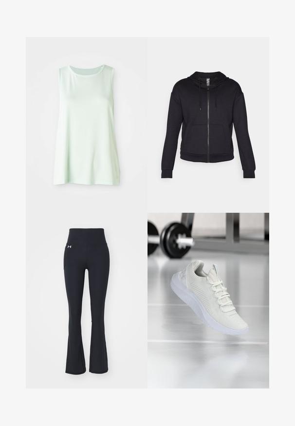 Juodas užtrauktukas hoodie, pagamintas iš minkštos medžiagos, su išklota kapuce, raiščiu, priekinėmis kišenėmis ir gumbelinėmis rankovėmis bei apatine dalimi.; Šviesiai žalia be rankovių palaidinė, pagaminta iš kvėpuojančio tinklinio audinio, su apvaliu iškirpimu ir laisvu siluetu, užtikrinančiu patogumą ir judėjimo laisvę.; Juodos flaringo stiliaus treniruočių kelnės, pagamintos iš tamprios medžiagos, su aukštu juosmens diržu ir šoniniu kišeniu. Logo yra priekyje.; Balti sportiniai batai su tekstūruota tinklelio viršutine dalimi ir raištelių sistema, turintys paminkštintą baltą pado ir subtilius įdubimus.