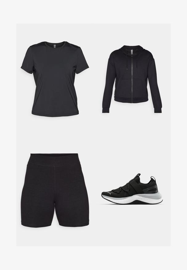 Black zip-up hoodie made of soft fabric, featuring a lined hood, drawstring, front pockets, and ribbed cuffs and hem.; Black short-sleeve T-shirt made of smooth, lightweight fabric with a round neckline and a relaxed fit. Seamless construction for comfort.; Black short-sleeve T-shirt made of smooth, lightweight fabric with a round neckline and a relaxed fit. Seamless construction for comfort.; Black cycling shorts with a high waist, made of stretchy, soft fabric. Features flat seams and a smooth texture for comfort.; Black athletic shoe with a textured upper, elastic straps, and a thick white midsole. Features a grey accent along the sole.