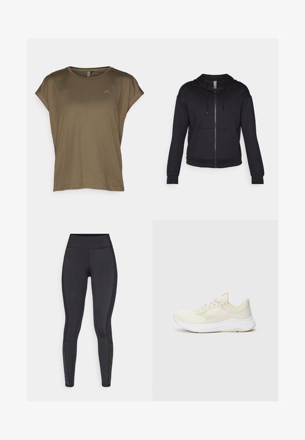 Schwarze Zip-Hoodie aus weichem Stoff, mit gefütterter Kapuze, Zugkordel, Fronttaschen und gerippten Bündchen sowie Saum.; ONLY Play ONPAUBREE LIFE ON BAT LOOSE TEE - T-Shirt basic - kalamata; Schwarze Leggings aus dehnbarem Material. Hoher Bund, glatte Textur, mit gemusterten Akzenten am Unterschenkel.; Helle Sportchuhe aus Mesh und synthetischen Materialien, mit einer strukturierten Oberfläche, gepolsterten Sohle und dezentem Branding.