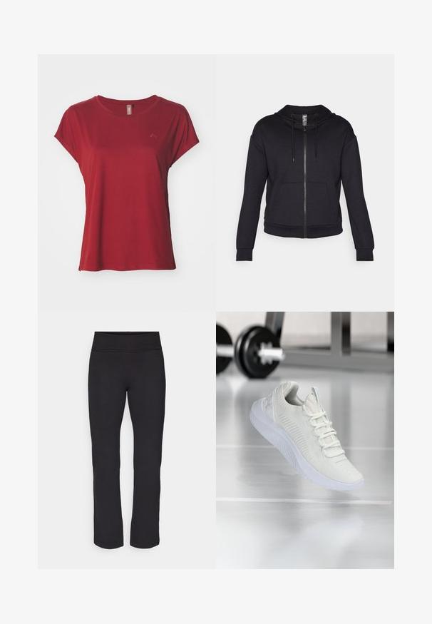 Sudadera con cremallera negra, fabricada en tejido suave, que cuenta con una capucha forrada, cordones, bolsillos frontales y puños y dobladillo de canalé.; ONLY Play ONPAUBREE LIFE ON BAT LOOSE TEE - Camiseta básica - sun-dried tomato; Leggings negros con una tela suave y elástica y una cinturilla ancha. Tienen perneras rectas y de longitud completa, sin patrones o acentos visibles.; Zapatilla deportiva blanca con parte superior de malla texturizada y sistema de cordones, que presenta una suela blanca acolchada y sutiles acentos acanalados.